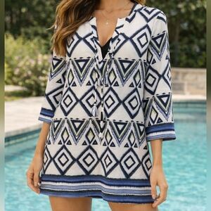 Papillon Blanc Navy and White Patterned Swim Coverup/dress Size Large